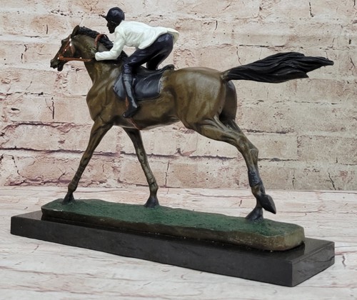 WONDERFUL PURE BRONZE HORSE AND JOCKEY RACEHORSE STATUE SCULPTURE LARGE - Picture 5 of 10