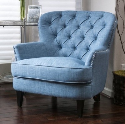 Light Blue Oversized Tufted Fabric Club Accent Arm Chair Nailhead Arm Armchair