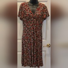 Chaps Red/Brown/Khaki Geometric Graphic V-Neck Print Floral Midi Dress, Sz M! 🍁
