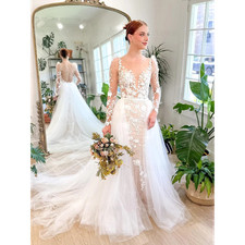 Boho Mermaid Wedding Dresses With Detachable Train O-Neck Long Applique Tulle