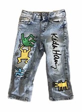 H M Rare Keith Haring Stone Washed Jeans Pants Size 2T Dog Skateboard Figures