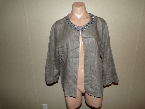 CHICOS Jacke Damen Größe L grau silber metallic Abria verzierter Ausschnitt Leinen