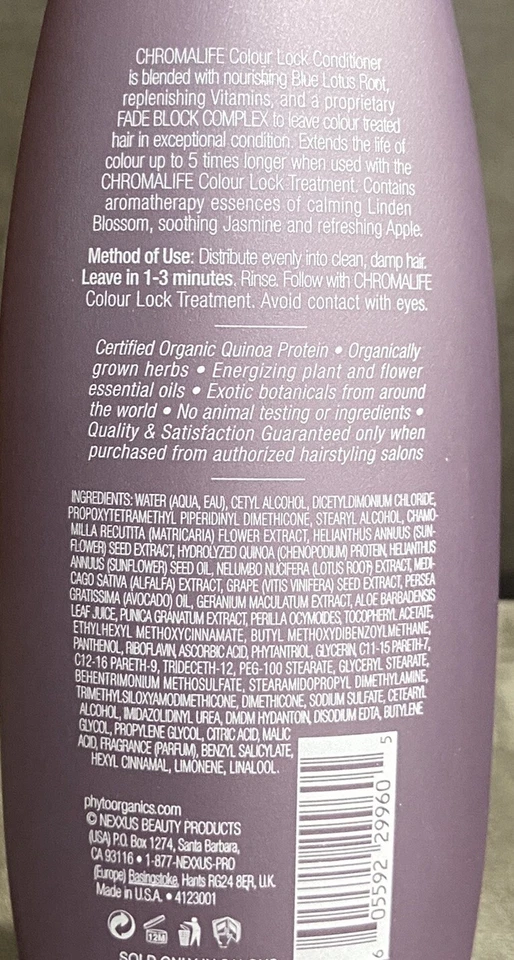 NEW!!! NEXXUS PHYTO ORGANICS CHROMALIFE COLOUR COLOR LOCK FADE BLOCK CONDITIONER - Image 3 of 3
