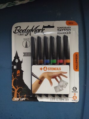 BIC BodyMark Temporary Tattoo Brush Tip Markers 6 Pack + 4 Stencils Halloween