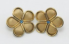 Screw Back Earrings Gold Tone Mesh Flower With Blue Rhinestone Center Vintage