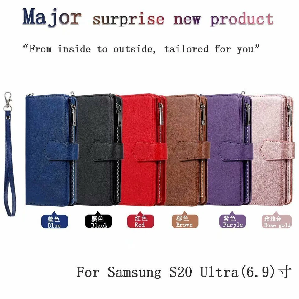 Magnetic Removable Zipper Wallet Leather Case Cover For Samsung S20 S9 S8 Note10 - Image 2 of 4