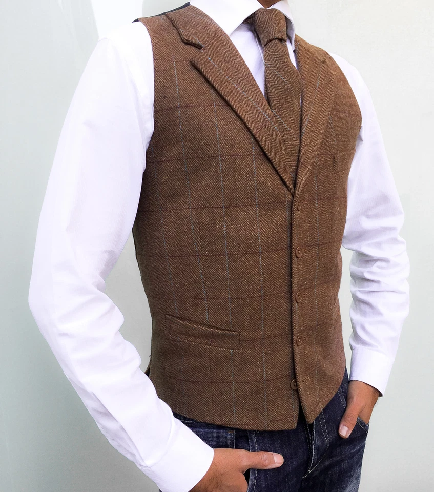 MEN'S WOOL  BLEND BROWN TAILORED FIT HERRINGBONE CHECK TWEED WAISTCOAT VEST - Image 4 of 4
