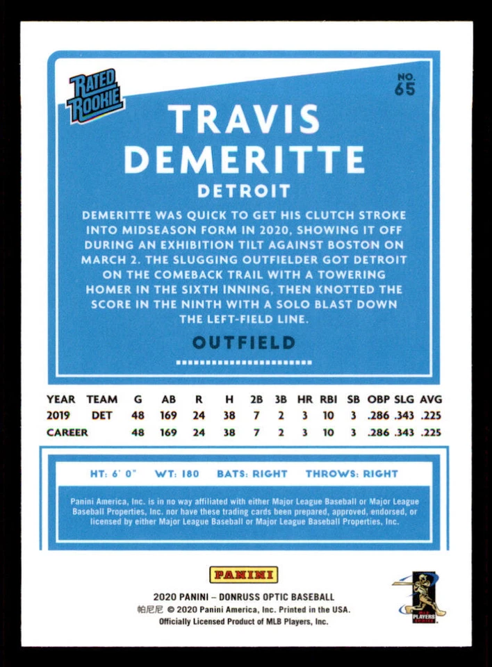 2020 Donruss Optic #65 Travis Demeritte RR RC - Image 2 of 2