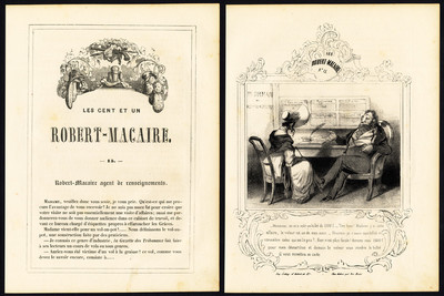Antiker Druck-ROBERT MACAIRE-15-GEHEIMDIENSTOFFIZIER-BÜRO-SATIRE-Daumier-1840