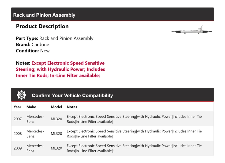 Para 2007-2009 Mercedes-Benz ML320 conjunto de rack e pinhão Cardone 2008 - Imagem 2 de 4