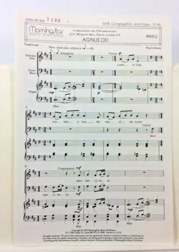 Agnus Dei Paul Gibson Sheet Music Octavo Congregation and Organ Lot 10
