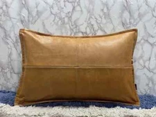 Pillow Cover Brown Genuine Lambskin Leather Round Cushion Rectangle Home Décor