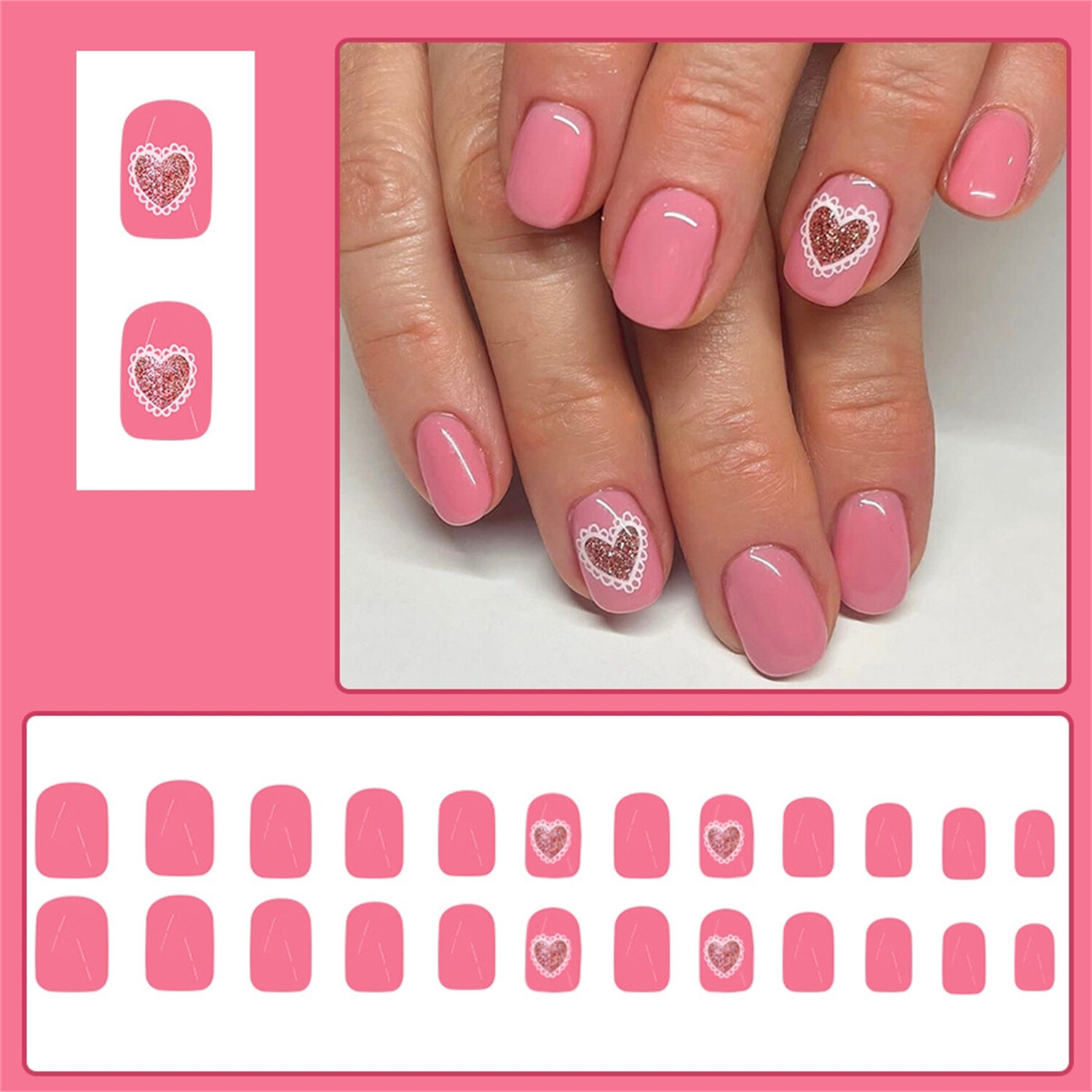 24pcs Pink Valentine's Day Shiny Press-On Fake Nail Short Square