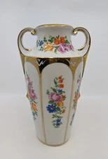 Antique FBS Czechoslovakia Porcelain Two-Handled Handpainted Floral Vase