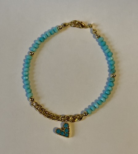 Natural BLUE Faceted 2mm Turquoise Chain 10k Yellow Gold Bangle Bracelet - Picture 5 of 24