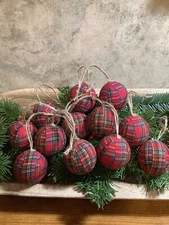 12 Handmade Red Tartan Plaid 2” Rustic Farmhouse Christmas Tree Ornaments, New
