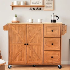 Kitchen Island Cart with 3 Drawers, 2 Adjustable Shelves & Locking Wheels, Brown