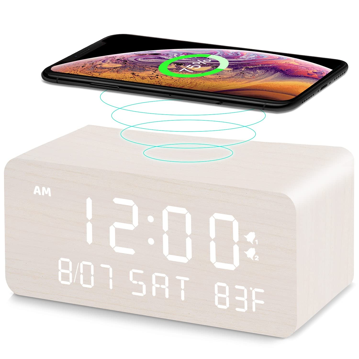 Wooden Digital Alarm Clock with Wireless Charging, 0-100% Adjustable Brightne...