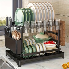 2 Tier Dish Drainer Rack with Cutlery Holder & Drip Tray for Drying Kitchen Sink