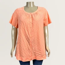 Denim & Co. 1X Woman Plus Melon Orange Fuzzy Polka Dot Print Button Up Shirt