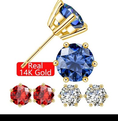 14K Yellow Gold Round Blue Sapphire Stud Earrings Prong Set Butterfly Back