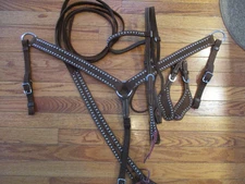 new Chocolate Rough out leather Studded TACK SET Headstall Breast collar Reins +