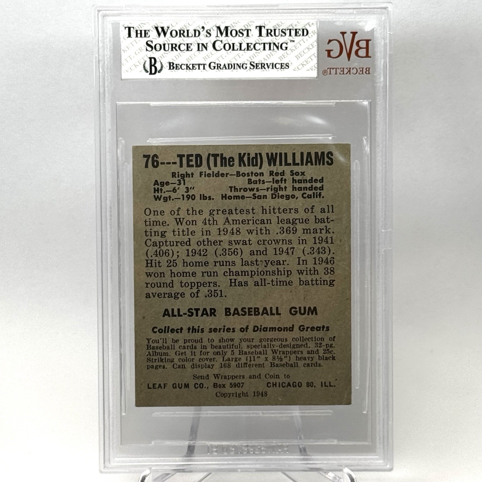1948-49 Leaf Baseball TED WILLIAMS #76 Beckett BVG 6 HOF view 7
