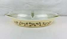 VTG Pyrex Golden Acorn Divided Casserole Dish w/ Lid Brown Ivy Oval 1.5 Quart