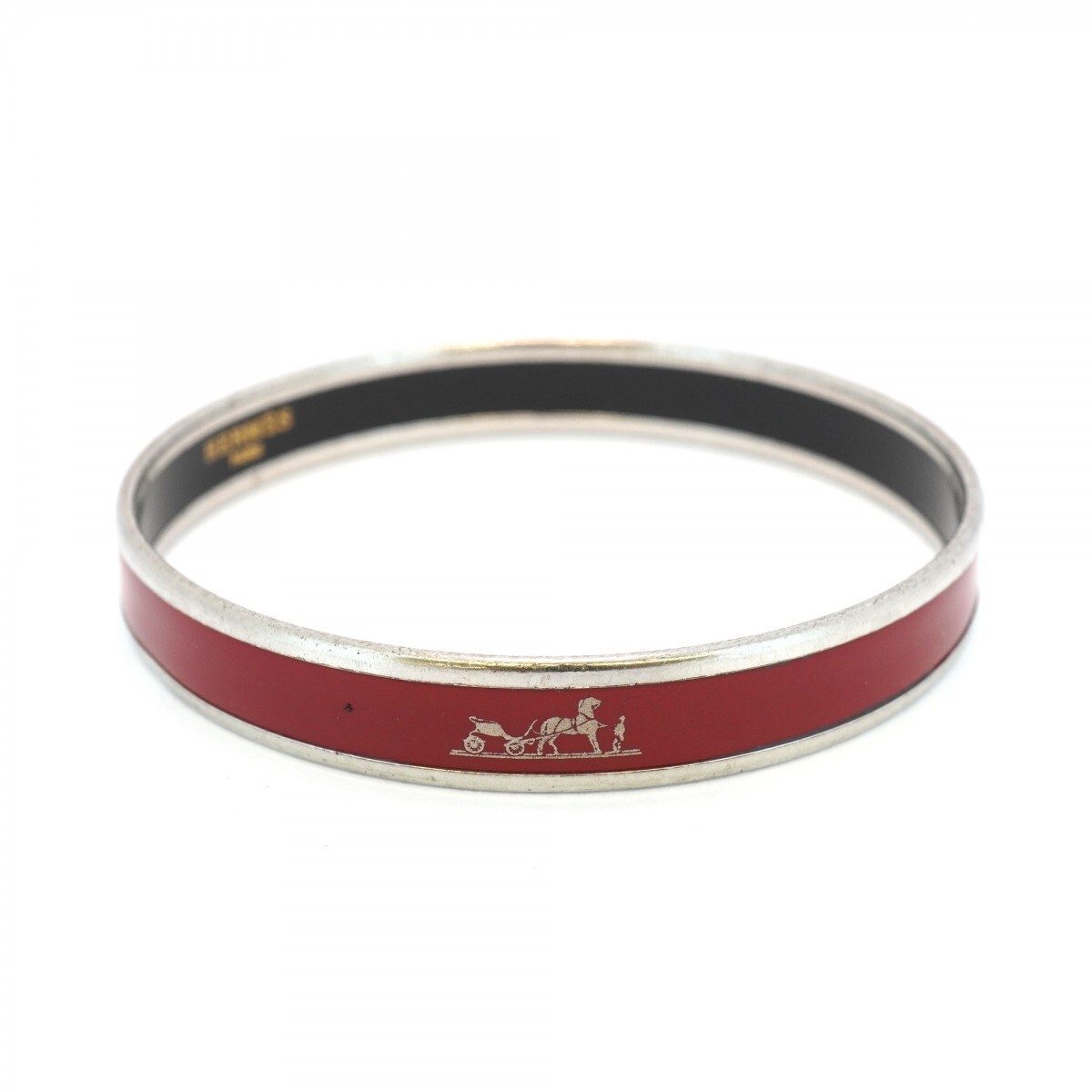 HERMES Enamel Cloisonne Silver Black Red Bangle PM High Quality Japan-image