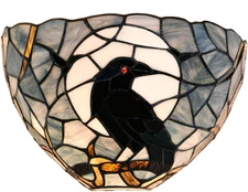 L10958 Raven Sitting on Tree Branch against Full Moon Tiffany Style Stained Glas