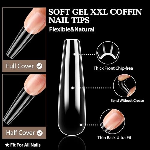 Coffin Nails Tips Soft Gel Extra Long 216pcs XXL Full Nails Tips Coffin Shape - Picture 3 of 7
