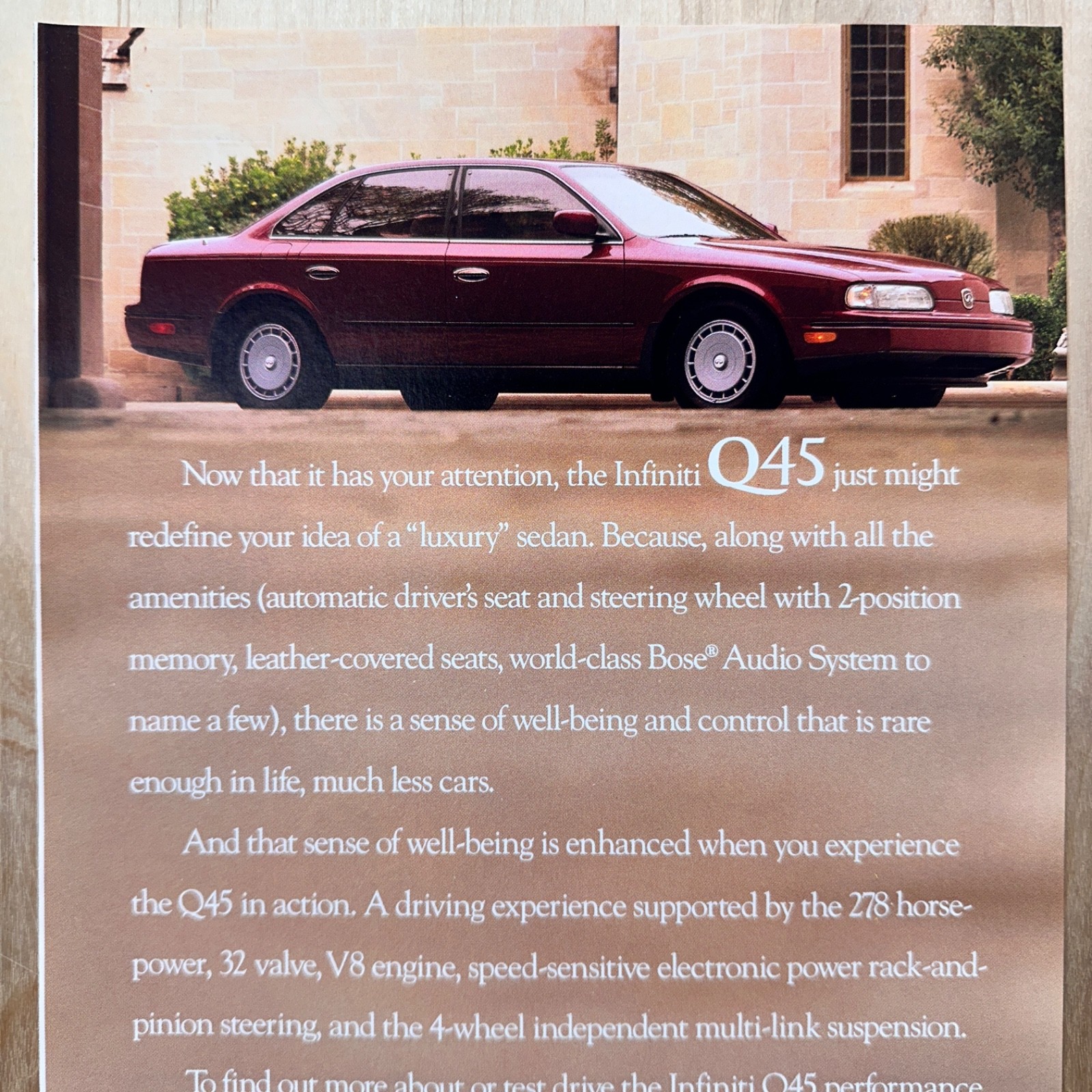 1990 Infinity Q45 Red Sedan Vintage Print Ad Car Auto Advert Art