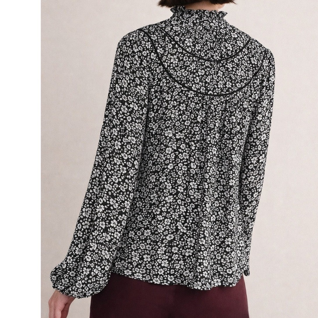 Boden Top Size 4 Black White Ruched Yoke Jersey Shirt Boho NEW image 3