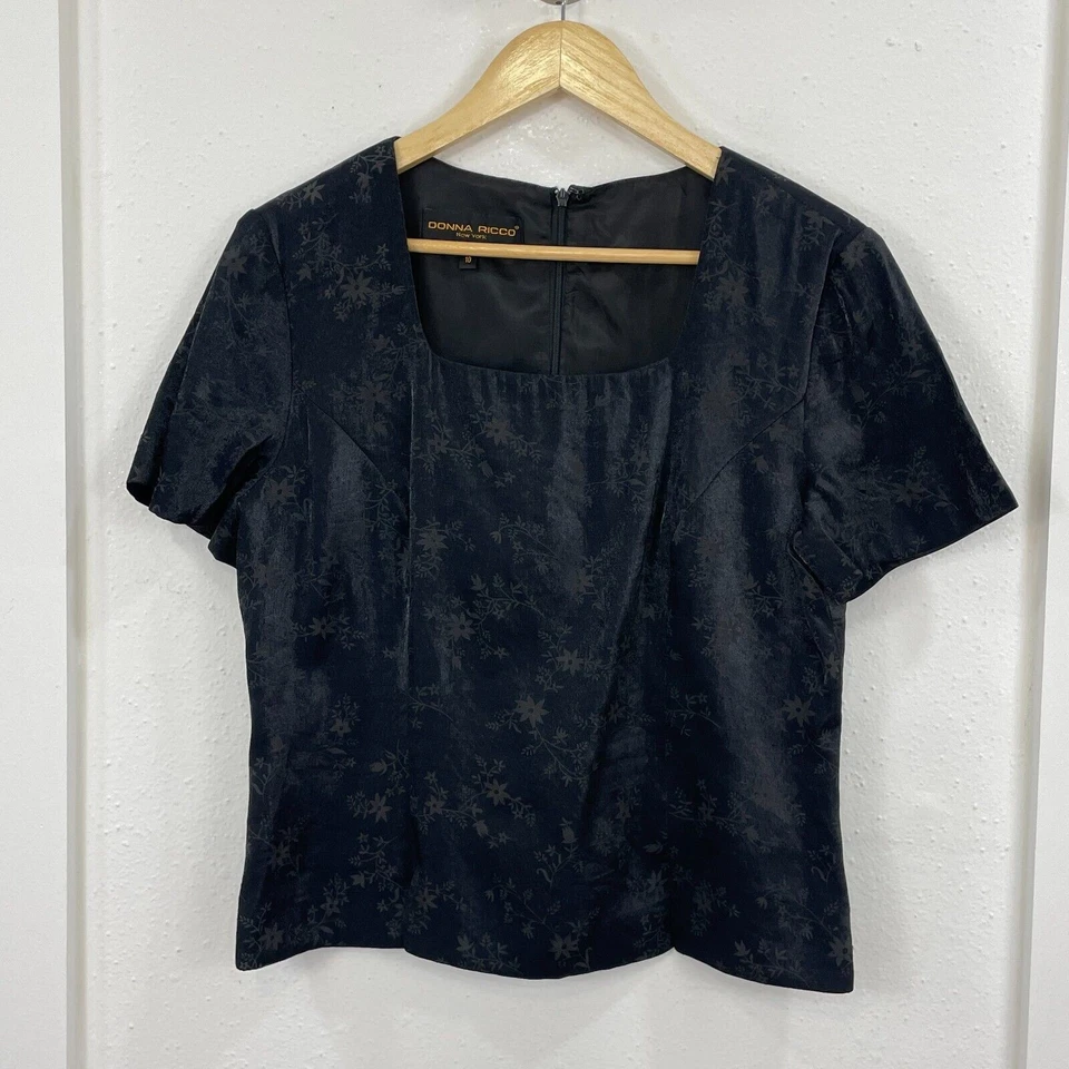 Donna Ricco 纽约衬衫女式黑色上衣 10 码方领晚礼服 — 第 2/4 张图片