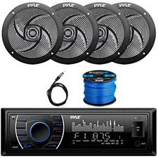 Bluetooth Stereo Black w/4x Pyle Marine Speakers, Marine Antenna Speaker Wire