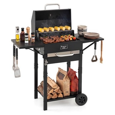 Charcoal Grill w/2 Side Tables, 284 sq.in.Outdoor Smoker BBQ Grill w/Thermometer