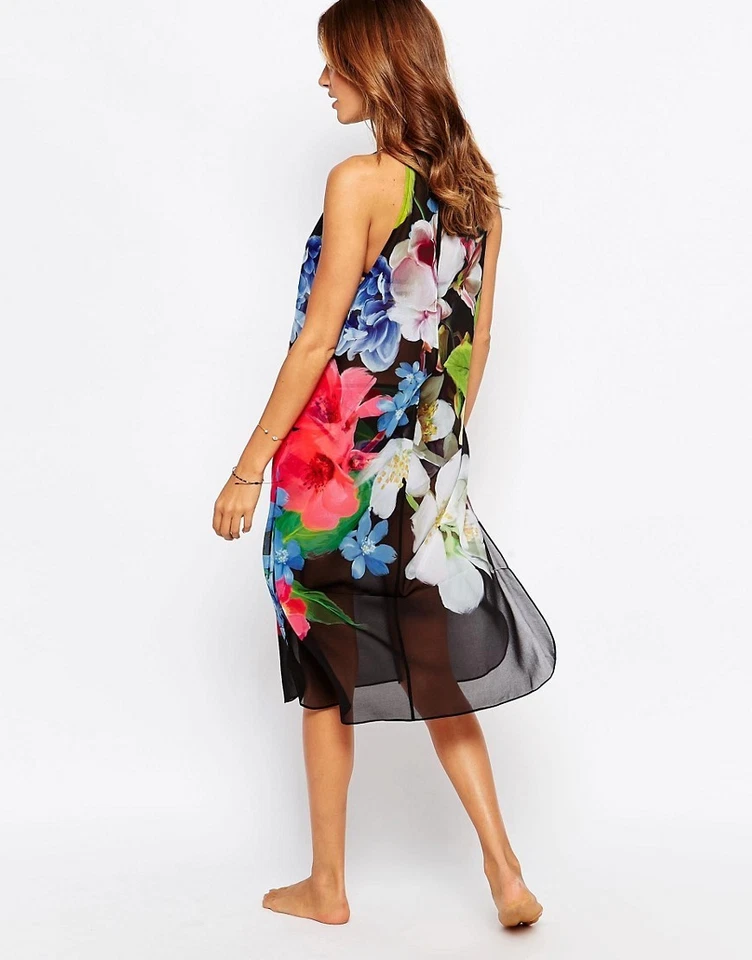Vestido TED BAKER Negro Estampado Floral Forget Me Not Beach Cubrir Semi Transparente GRANDE Foto 2 de 4