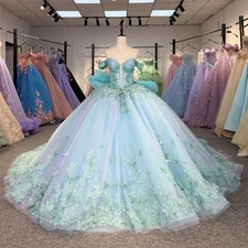 Blue Green Quinceanera Dress Off Shoulder Flowers Applique Pearls Sweet 15 Gowns