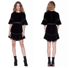Alice + Olivia Doloris Black Velvet Bell Sleeve Dress Lace Trim Size 8 NWT $495