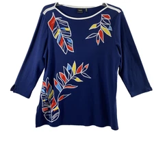 Rafaella Top Womens XL Blue Artsy Embroidered Leaves Tunic Blouse  Autumn Fall