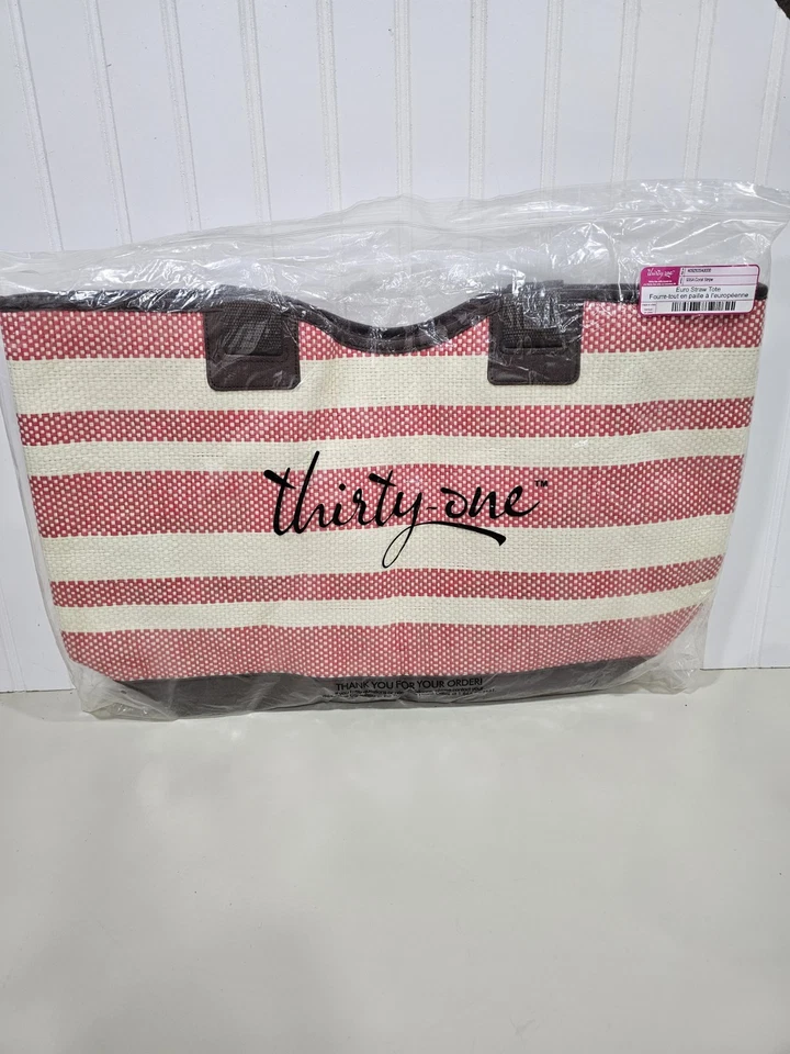 Thirty One 31 "Euro Straw Tote" - Bolso de Hombro Damas Rayas Coral Rosa - NUEVO Foto 4 de 4