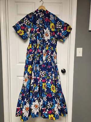 Heritage Clothing Handmade Womens 2XL Blue Long Floral dress w/ short sleeves