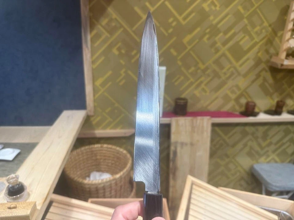 Cuchillo de cocina japonés Kitaoka Hideo Damasco Yanagiba 210 mm acero blanco #2 Foto 3 de 4