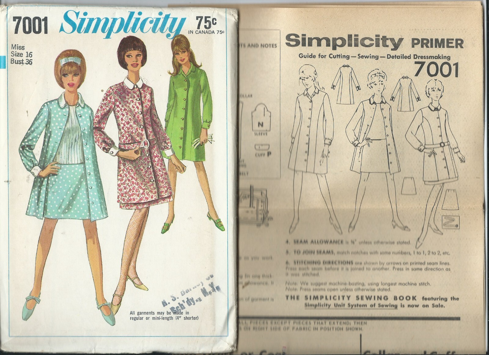 Pattern 60 Aut S 7001 sewing pattern 60's stylish COAT or DRESS chic Hip-Hugger SKIRT ...