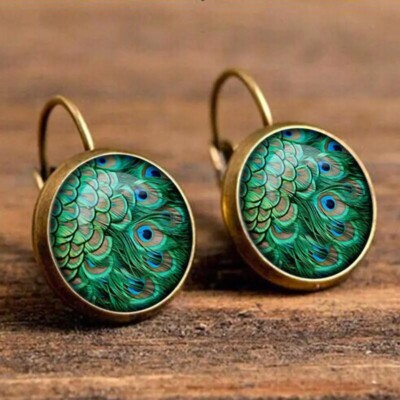 Vintage Peacock Feather Round Fashion Gemstone Earrings Women Girl Bronze Gift