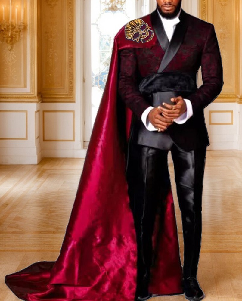 Mens Red Wedding Party Suits with Detachable Cape Double Breasted
