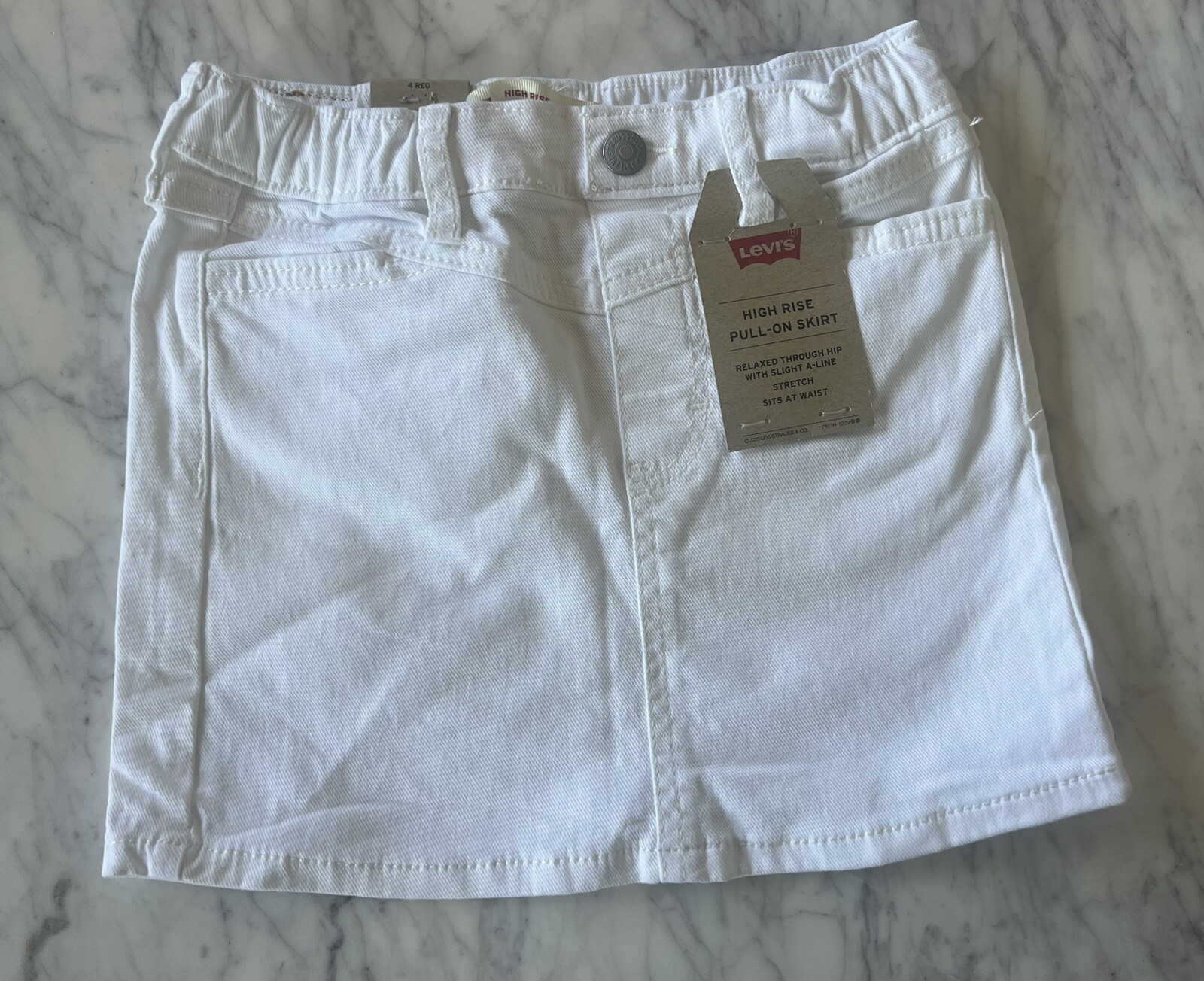 LEVI’S Girls High Rise Pull On Denim A-Line Skirt Size 4 Reg White Pockets NWT