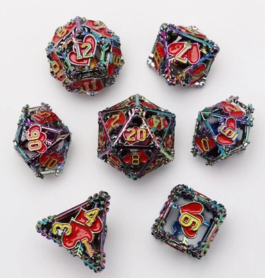 Galactic Dice Premium Dice Sets - Hollow Rainbow Metal & Red Hearts Set of 7 Dic
