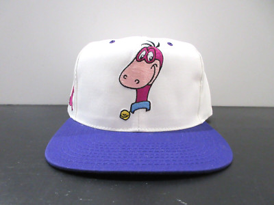 VINTAGE Dino Hat Cap Snap Back White Purple Flintstones Block Head Cartoon Mens