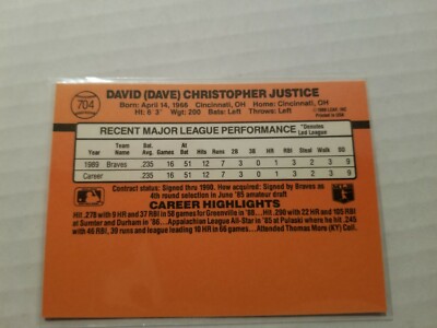 1990 Donruss Dave Justice RC #704 ERROR Card No Period after Inc